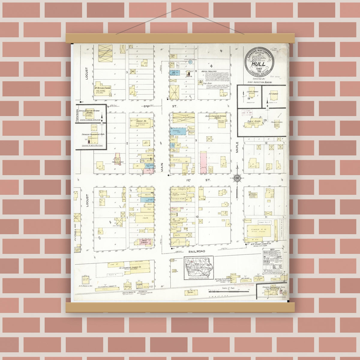 Old map wall art mockup — magnetic wood frame on brick wall — Sanborn Fire Insurance Map from Hull, Sioux County, Iowa (1914), Sheet #0001