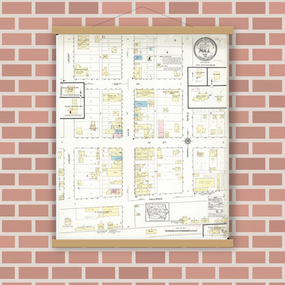 Old map wall art mockup — magnetic wood frame on brick wall — Sanborn Fire Insurance Map from Hull, Sioux County, Iowa (1914), Sheet #0001