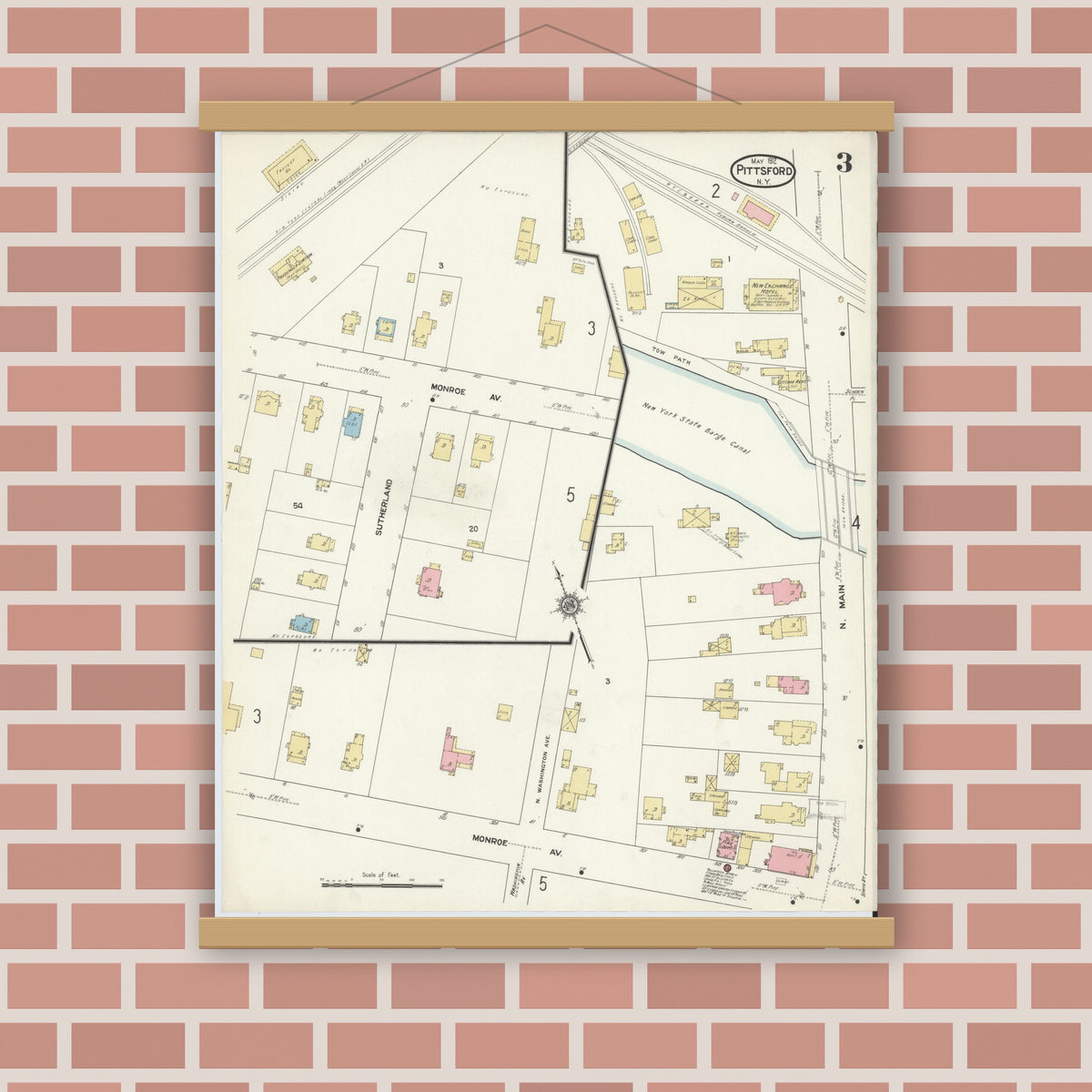 Old map wall art mockup — magnetic wood frame on brick wall — Sanborn Fire Insurance Map from Pittsford, Monroe County, New York (1912), Sheet #0003