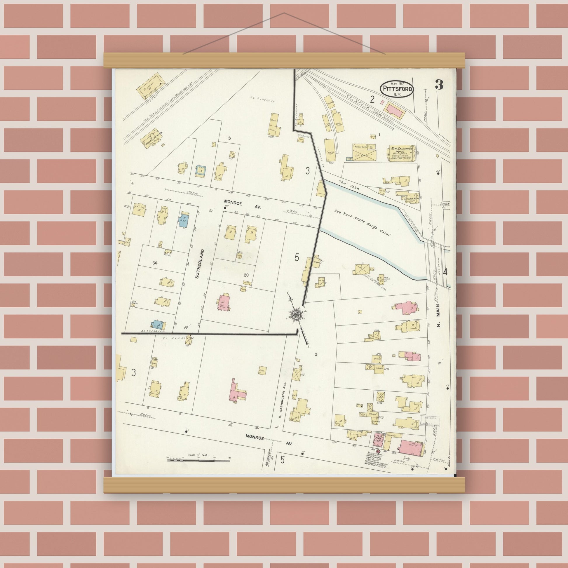 Old map wall art mockup — magnetic wood frame on brick wall — Sanborn Fire Insurance Map from Pittsford, Monroe County, New York (1912), Sheet #0003