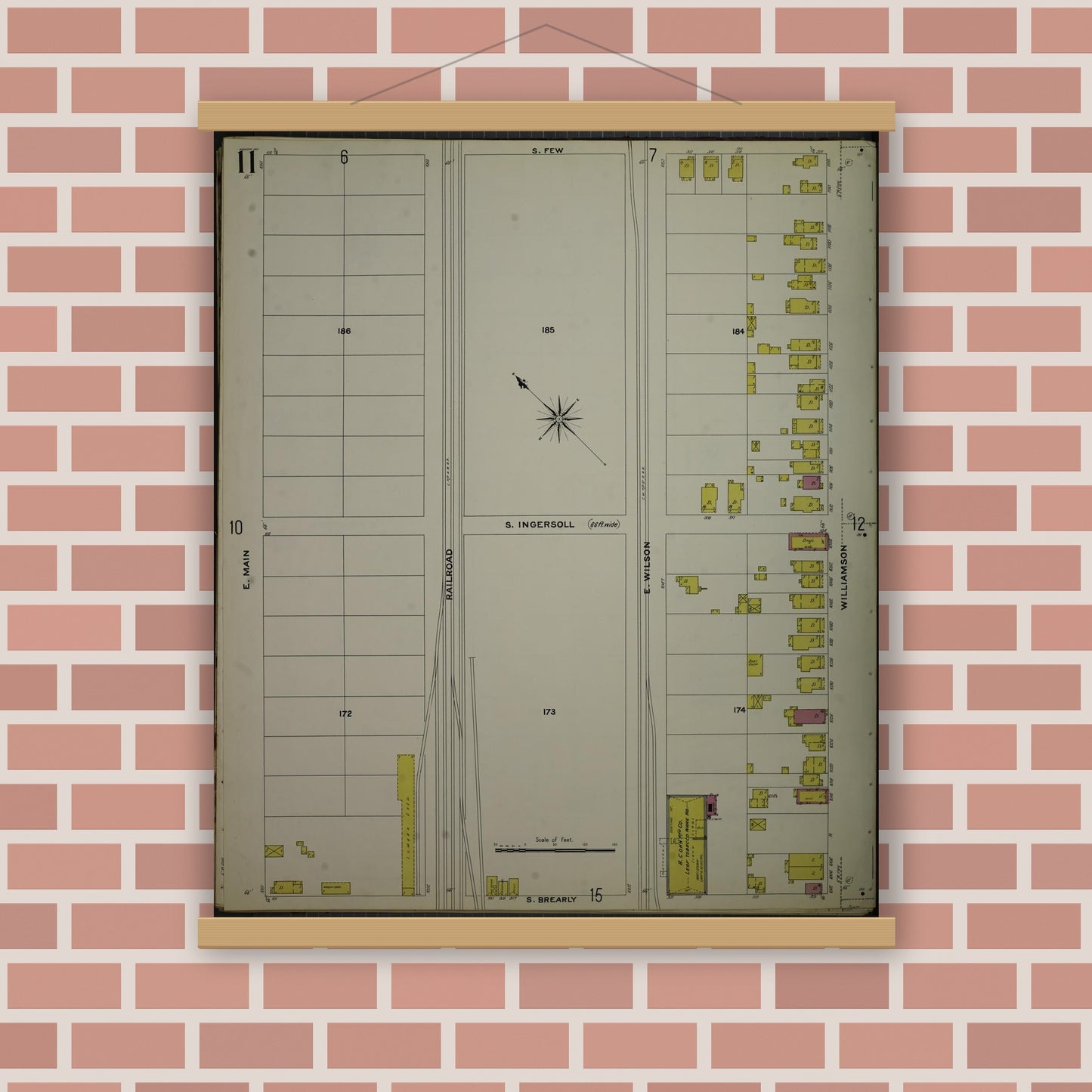 Old map wall art mockup — magnetic wood frame on brick wall — Sanborn Fire Insurance Map from Madison, Dane County, Wisconsin (1908), Sheet #0011