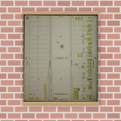 Old map wall art mockup — magnetic wood frame on brick wall — Sanborn Fire Insurance Map from Madison, Dane County, Wisconsin (1908), Sheet #0011