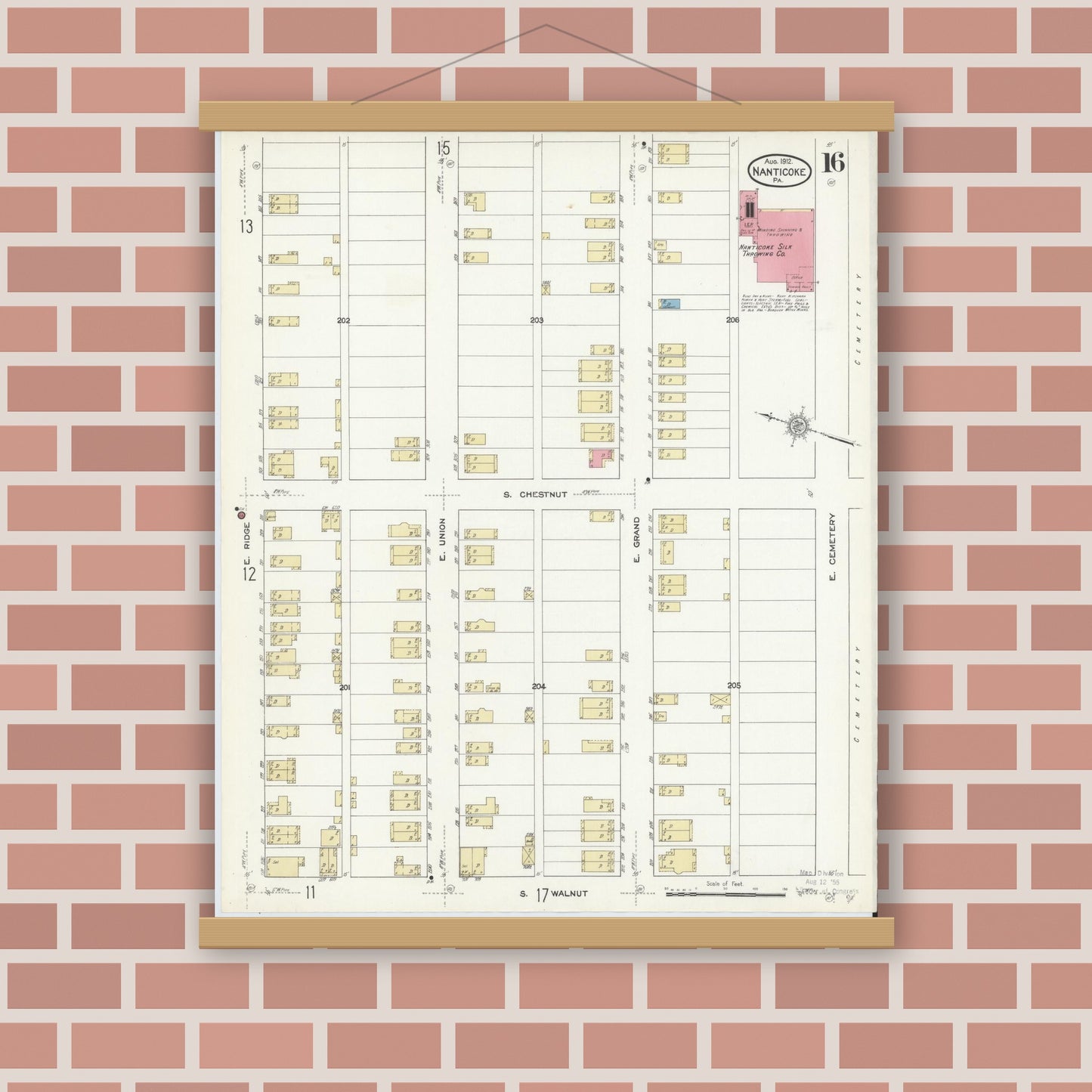 Old map wall art mockup — magnetic wood frame on brick wall — Sanborn Fire Insurance Map from Nanticoke, Luzerne County, Pennsylvania (1912), Sheet #0016