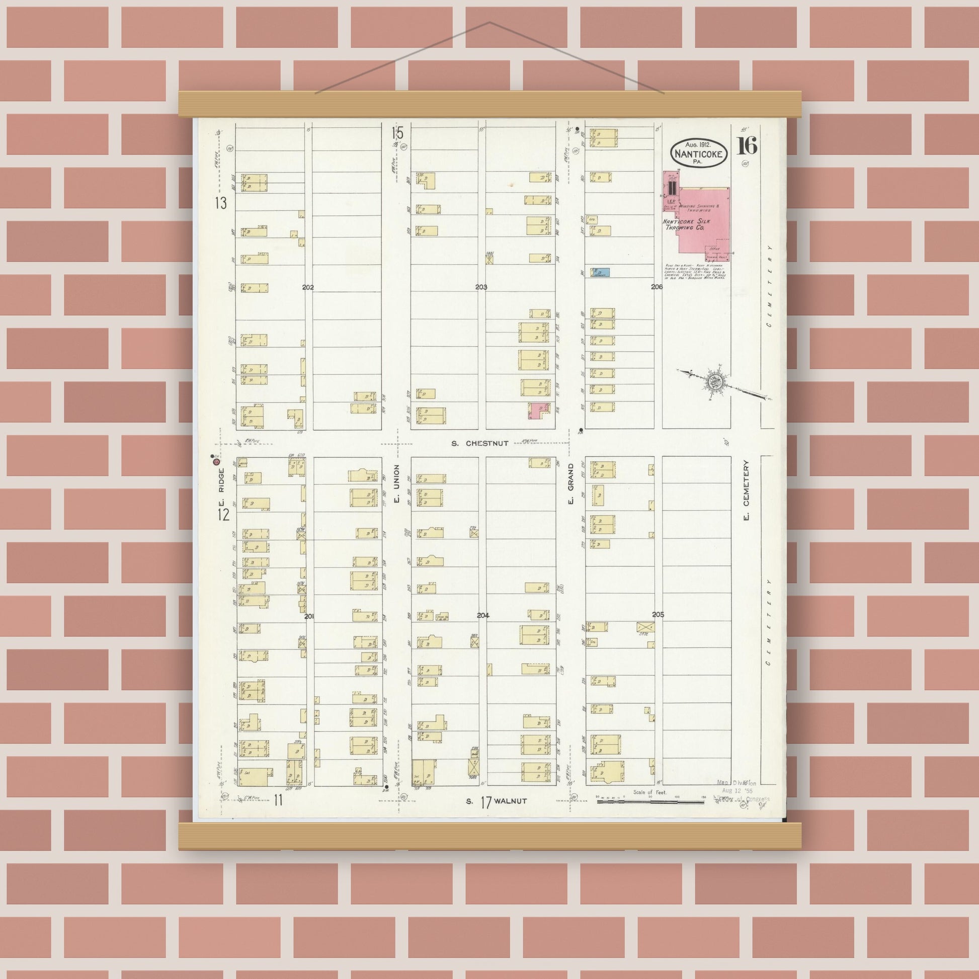 Old map wall art mockup — magnetic wood frame on brick wall — Sanborn Fire Insurance Map from Nanticoke, Luzerne County, Pennsylvania (1912), Sheet #0016