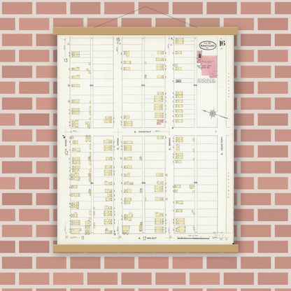 Old map wall art mockup — magnetic wood frame on brick wall — Sanborn Fire Insurance Map from Nanticoke, Luzerne County, Pennsylvania (1912), Sheet #0016