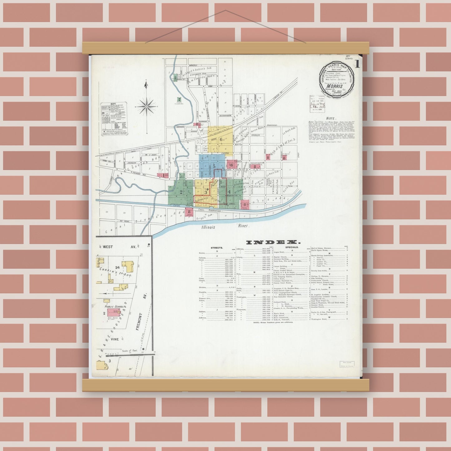 Old map wall art mockup — magnetic wood frame on brick wall — Sanborn Fire Insurance Map from Morris, Grundy County, Illinois (1900) - Complete Map Set