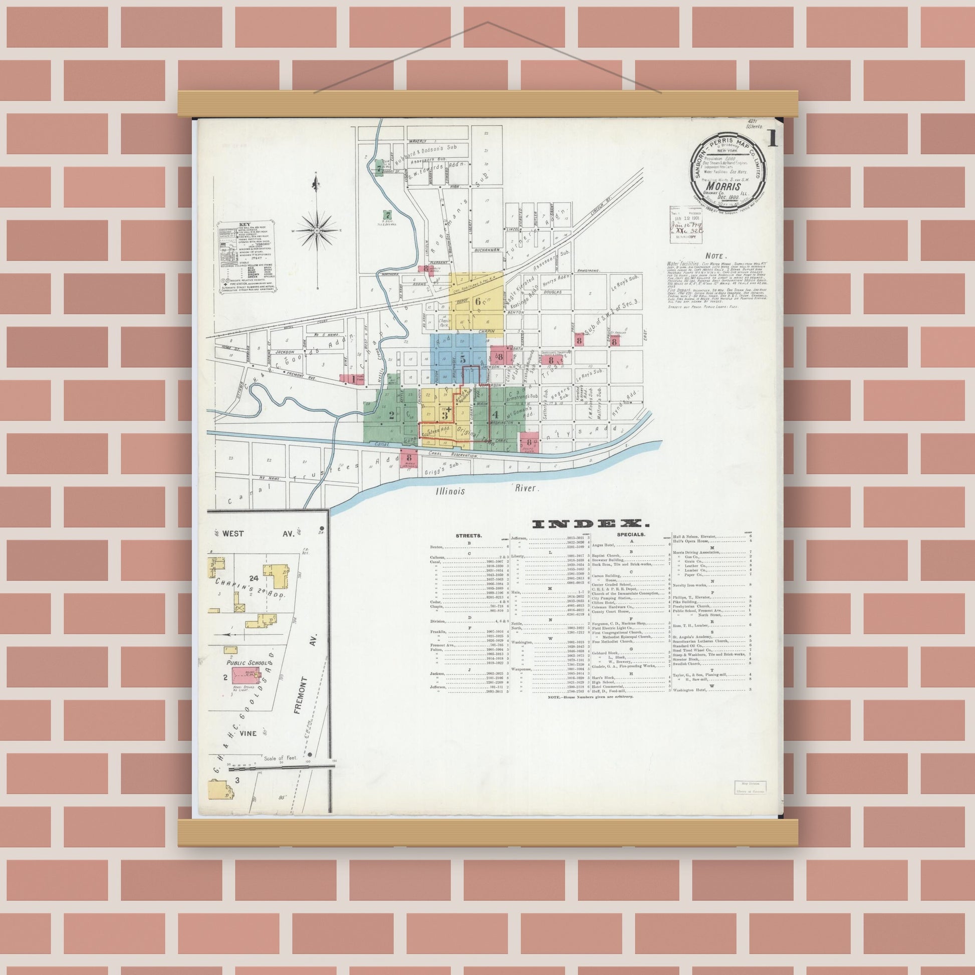 Old map wall art mockup — magnetic wood frame on brick wall — Sanborn Fire Insurance Map from Morris, Grundy County, Illinois (1900) - Complete Map Set
