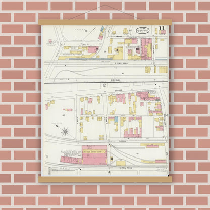 Old map wall art mockup — magnetic wood frame on brick wall — Sanborn Fire Insurance Map from Pottsville, Schuylkill County, Pennsylvania (1895), Sheet #0011