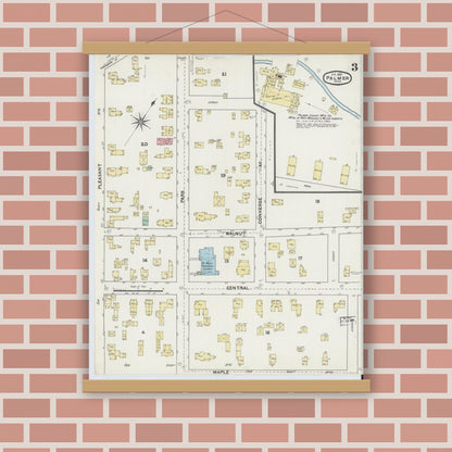 Old map wall art mockup — magnetic wood frame on brick wall — Sanborn Fire Insurance Map from Palmer, Hampden County, Massachusetts (1891), Sheet #0003