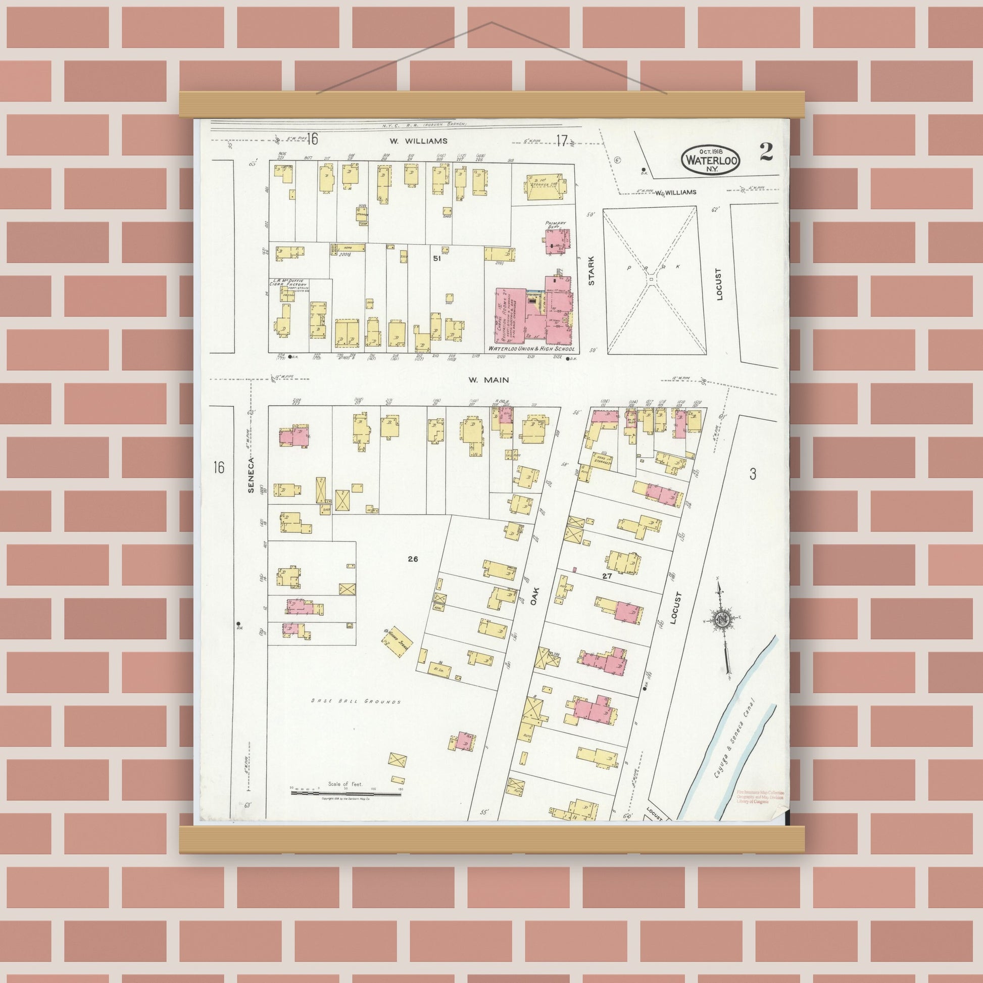 Old map wall art mockup — magnetic wood frame on brick wall — Sanborn Fire Insurance Map from Waterloo, Seneca County, New York (1918), Sheet #0002