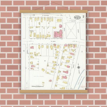 Old map wall art mockup — magnetic wood frame on brick wall — Sanborn Fire Insurance Map from Waterloo, Seneca County, New York (1918), Sheet #0002