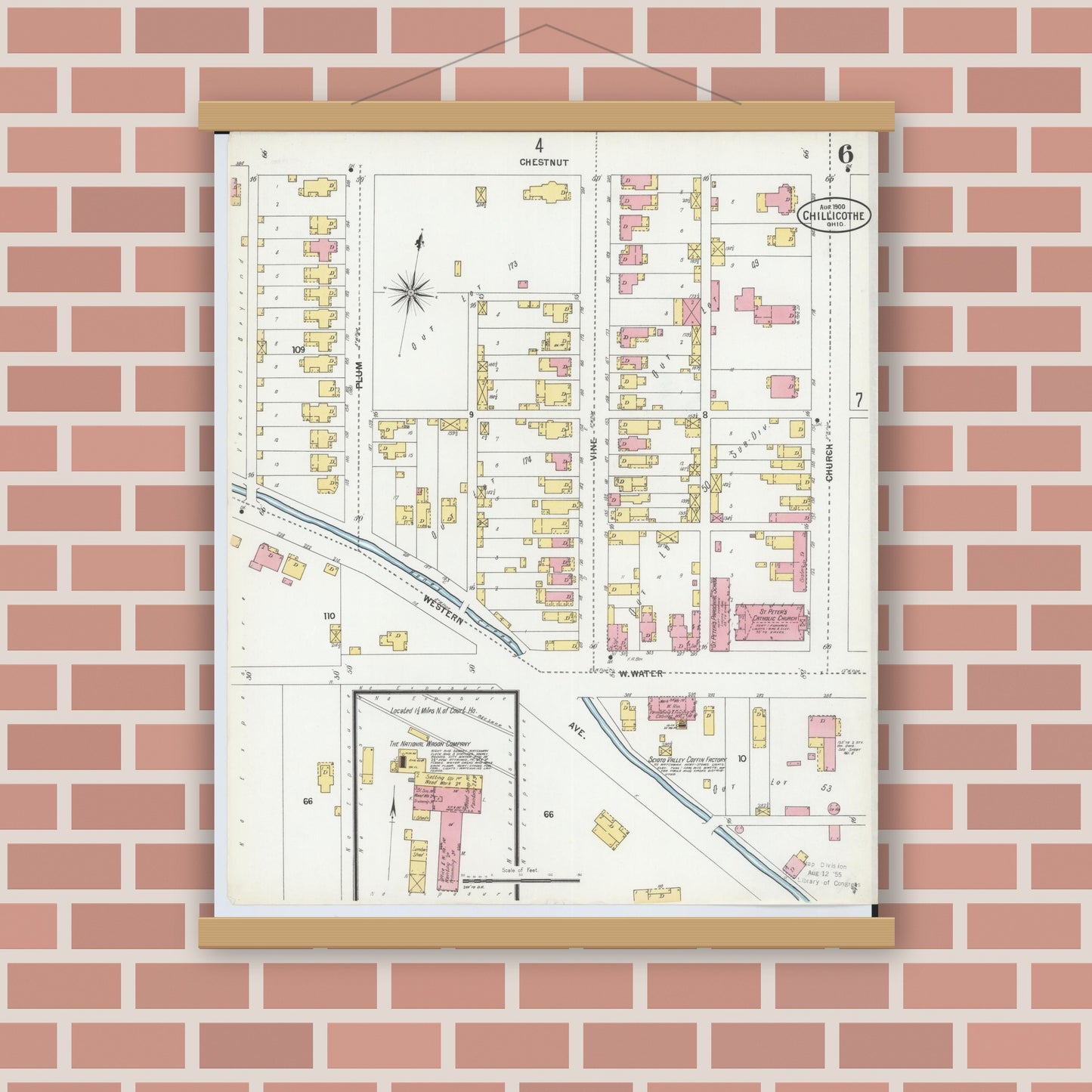 Old map wall art mockup — magnetic wood frame on brick wall — Sanborn Fire Insurance Map from Chillicothe, Ross County, Ohio (1900), Sheet #0006