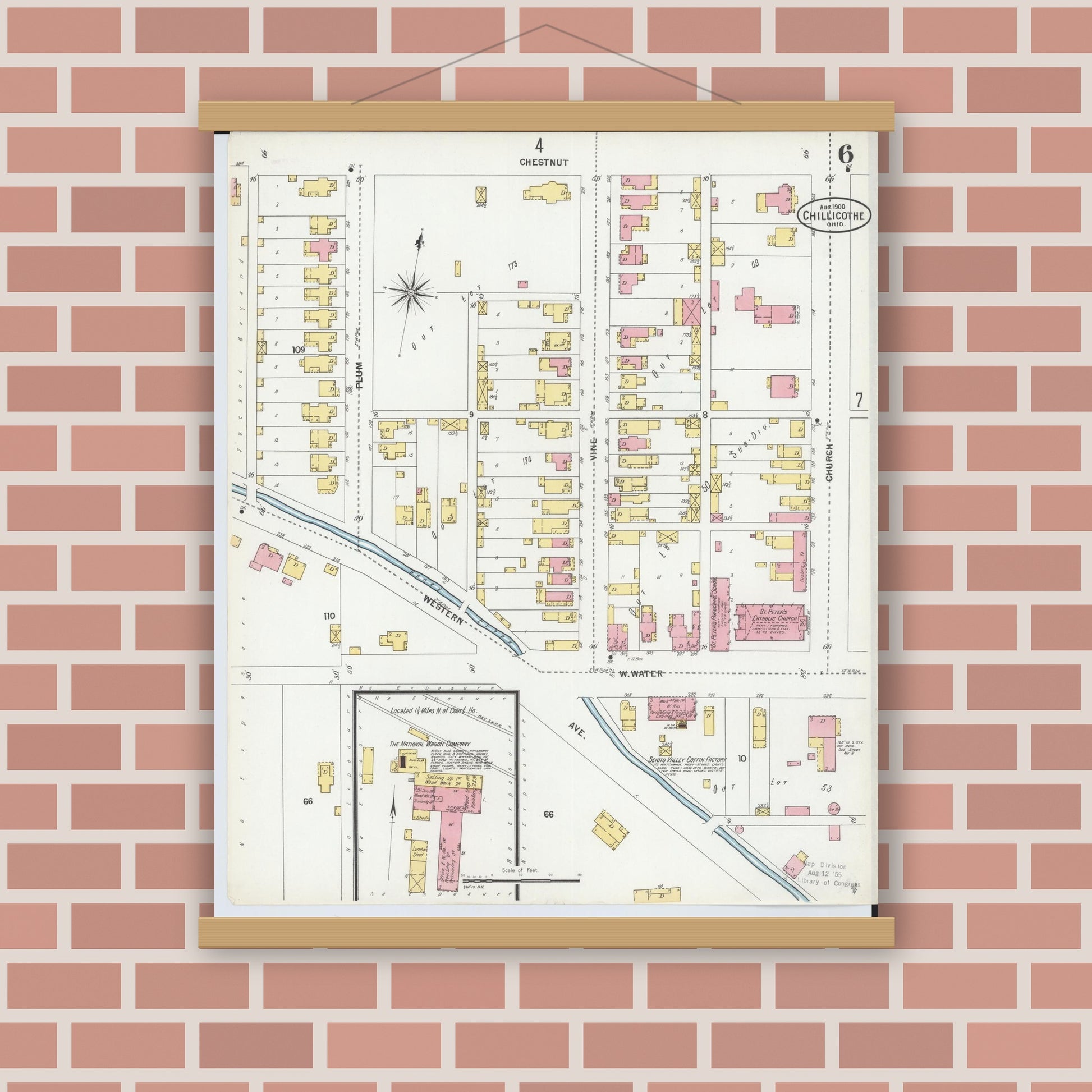 Old map wall art mockup — magnetic wood frame on brick wall — Sanborn Fire Insurance Map from Chillicothe, Ross County, Ohio (1900), Sheet #0006