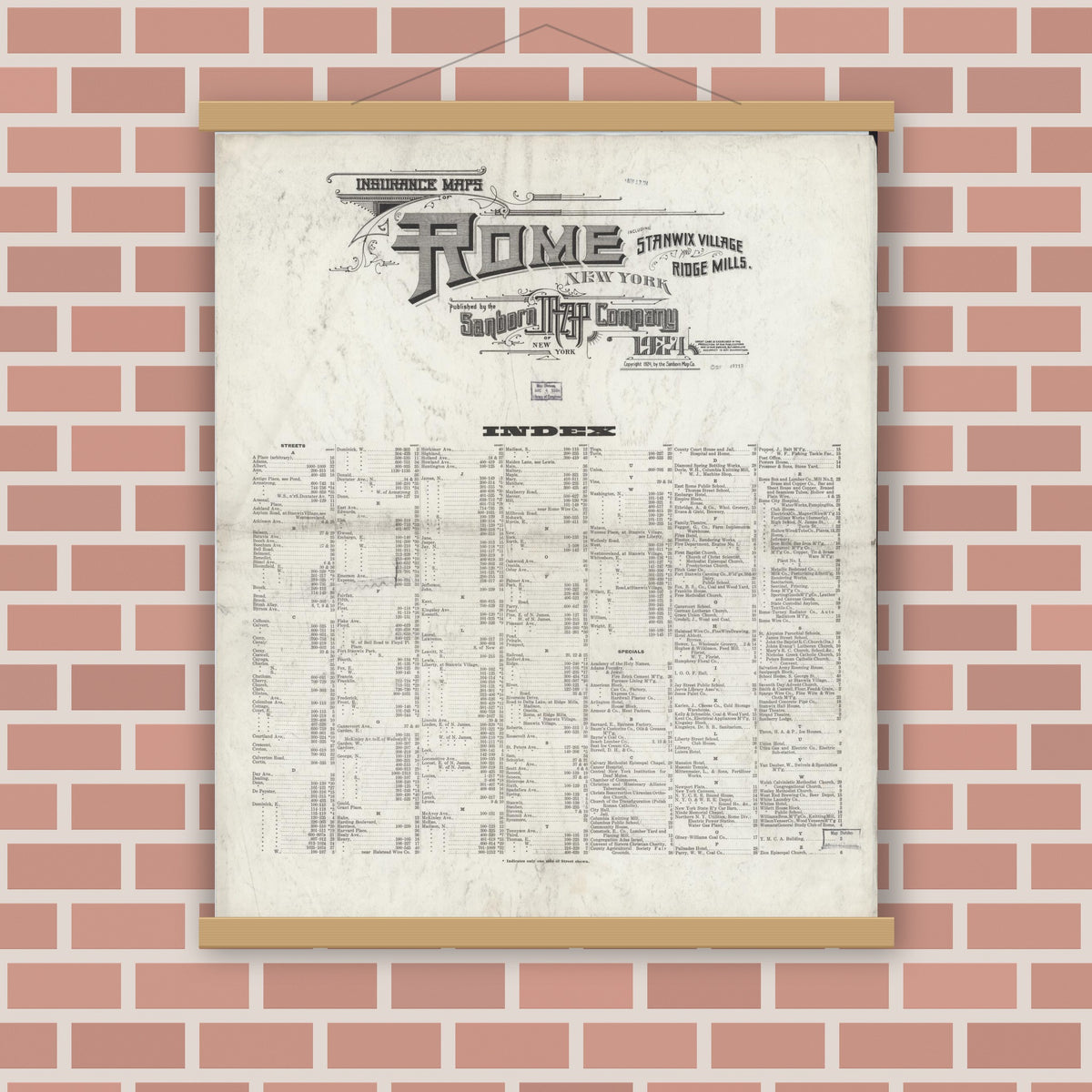 Old map wall art mockup — magnetic wood frame on brick wall — Sanborn Fire Insurance Map from Rome, Oneida County, New York (1924), Sheet #0001