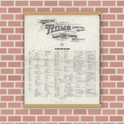Old map wall art mockup — magnetic wood frame on brick wall — Sanborn Fire Insurance Map from Rome, Oneida County, New York (1924), Sheet #0001