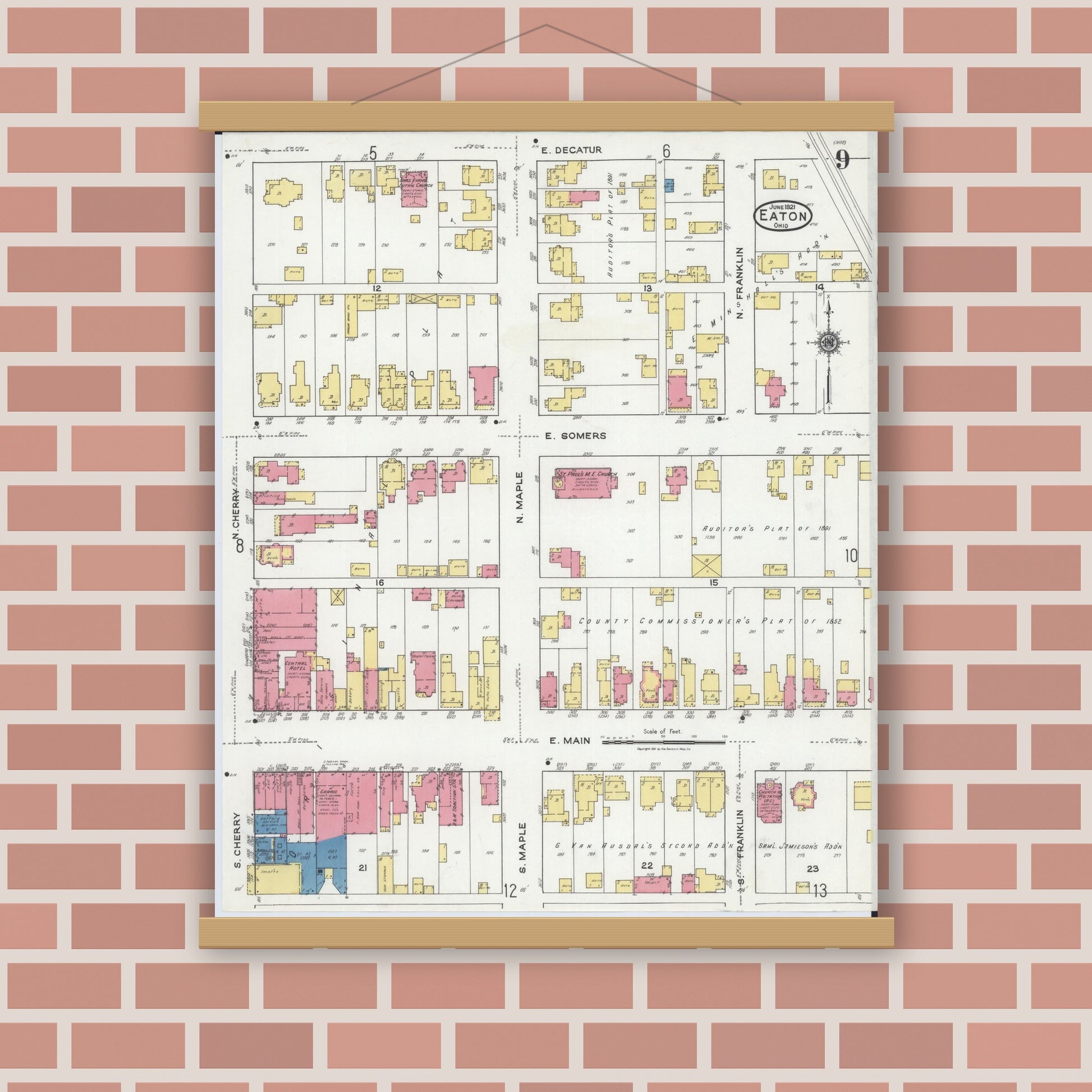 Old map wall art mockup — magnetic wood frame on brick wall — Sanborn Fire Insurance Map from Eaton, Preble County, Ohio (1921), Sheet #0009