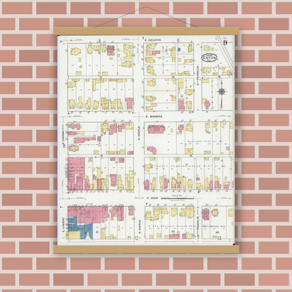 Old map wall art mockup — magnetic wood frame on brick wall — Sanborn Fire Insurance Map from Eaton, Preble County, Ohio (1921), Sheet #0009