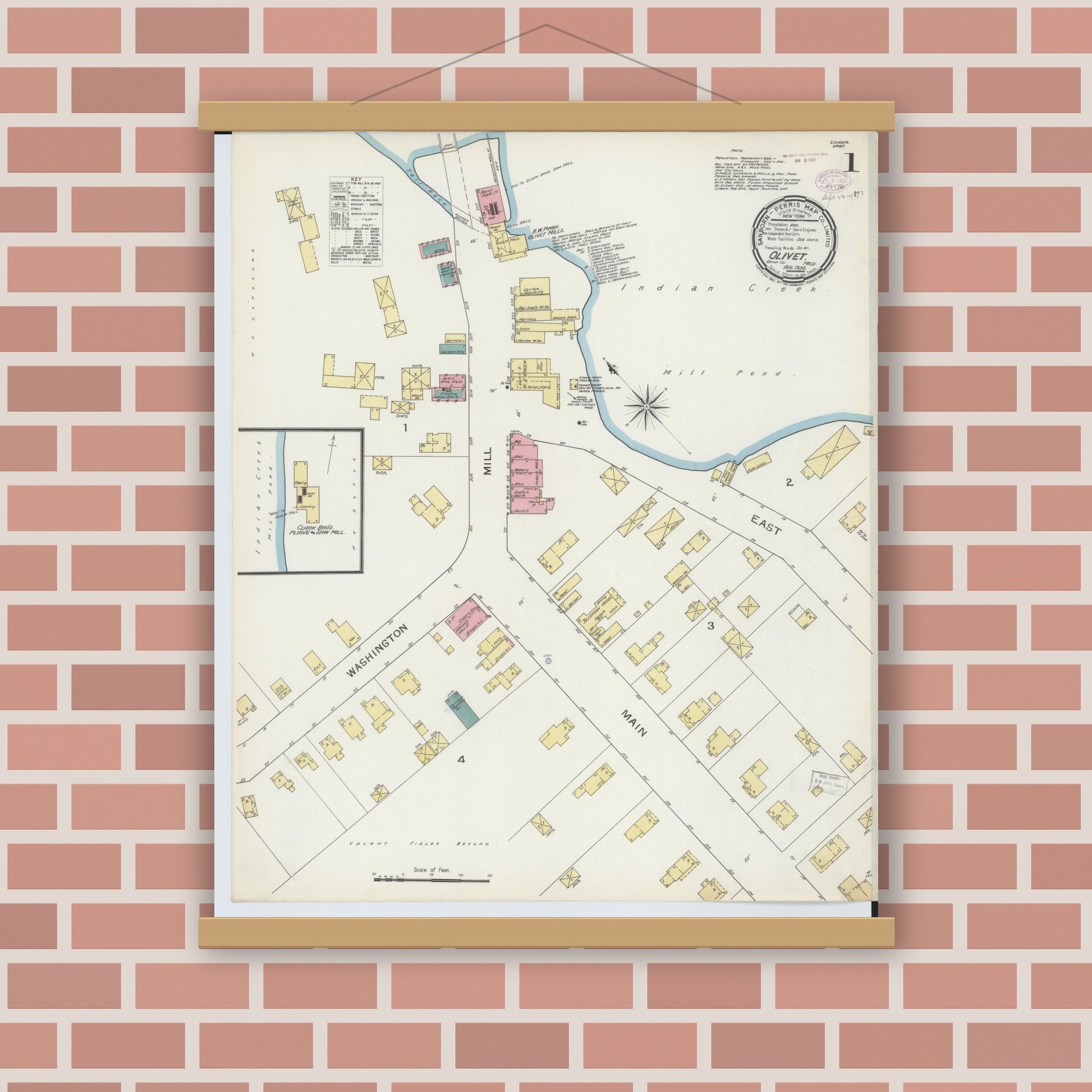 Old map wall art mockup — magnetic wood frame on brick wall — Sanborn Fire Insurance Map from Olivet, Eaton County, Michigan (1893) - Complete Map Set