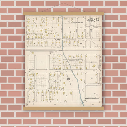 Old map wall art mockup — magnetic wood frame on brick wall — Sanborn Fire Insurance Map from Cuero, De Witt County, Texas (1922), Sheet #0012