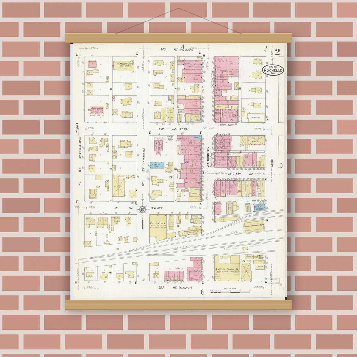 Old map wall art mockup — magnetic wood frame on brick wall — Sanborn Fire Insurance Map from Rochelle, Ogle County, Illinois (1912), Sheet #0002