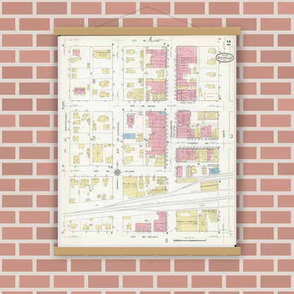 Old map wall art mockup — magnetic wood frame on brick wall — Sanborn Fire Insurance Map from Rochelle, Ogle County, Illinois (1912), Sheet #0002