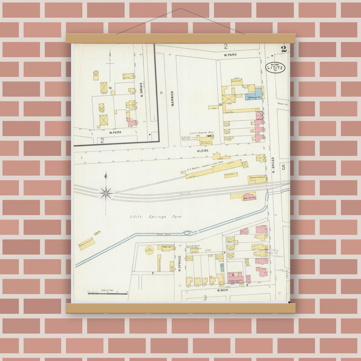 Old map wall art mockup — magnetic wood frame on brick wall — Sanborn Fire Insurance Map from Lititz, Lancaster County, Pennsylvania (1898), Sheet #0002