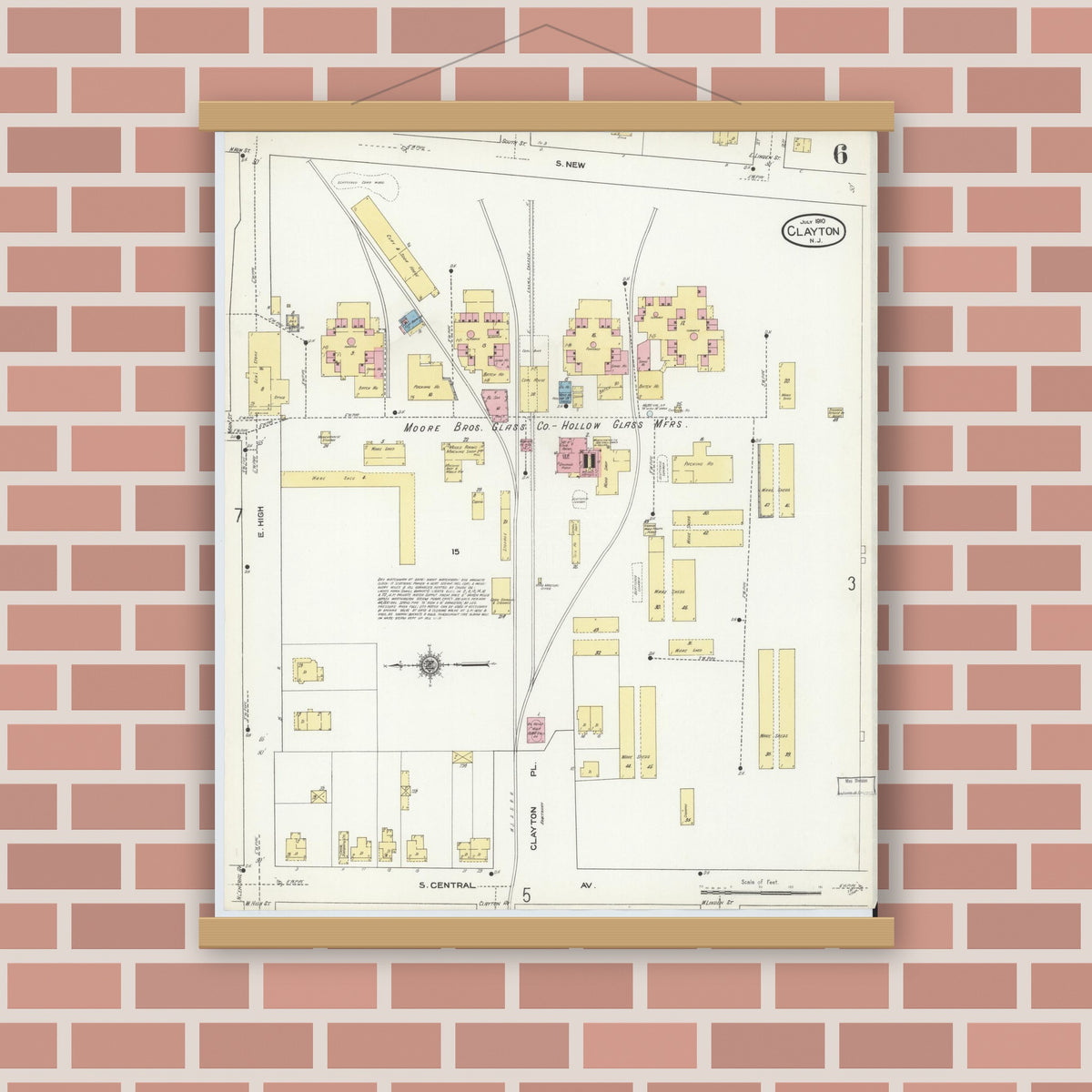Old map wall art mockup — magnetic wood frame on brick wall — Sanborn Fire Insurance Map from Clayton, Gloucester County, New Jersey (1910), Sheet #0006