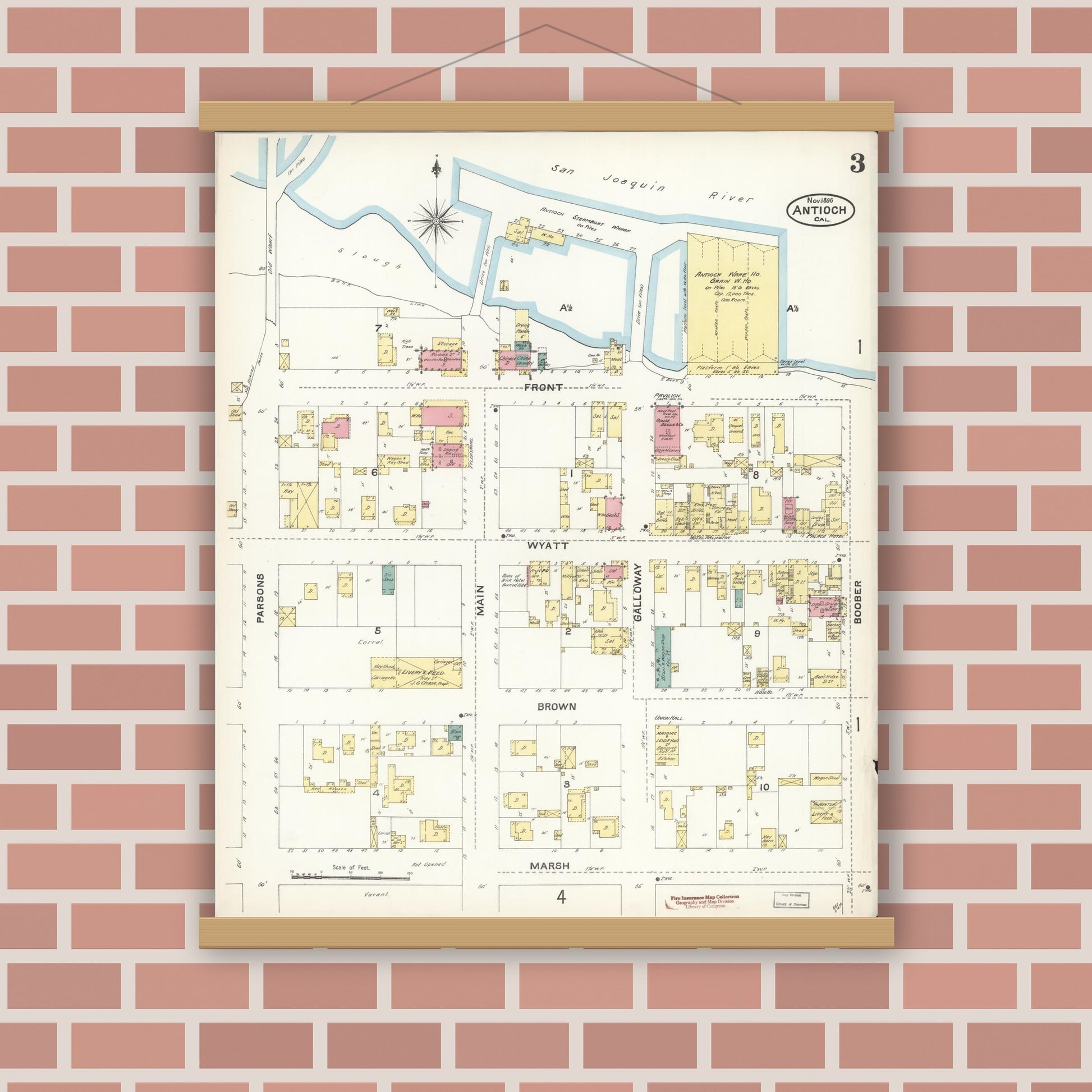 Old map wall art mockup — magnetic wood frame on brick wall — Sanborn Fire Insurance Map from Antioch, Contra Costa County, California (1896), Sheet #0003