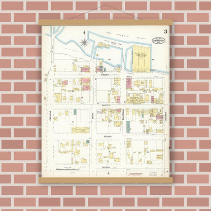 Old map wall art mockup — magnetic wood frame on brick wall — Sanborn Fire Insurance Map from Antioch, Contra Costa County, California (1896), Sheet #0003