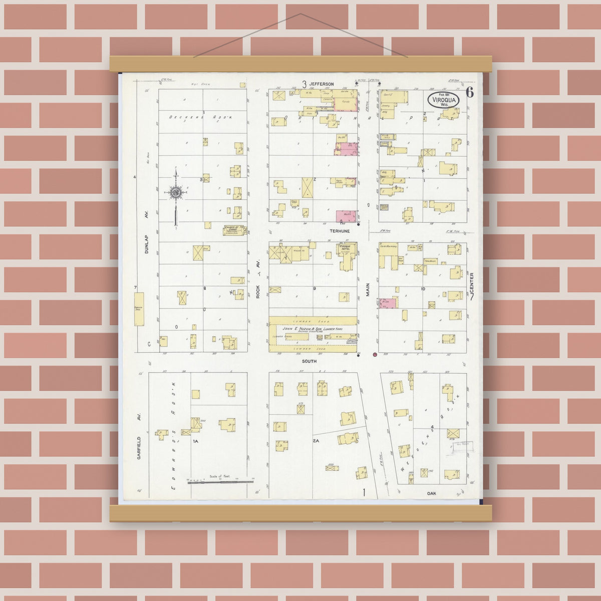 Old map wall art mockup — magnetic wood frame on brick wall — Sanborn Fire Insurance Map from Viroqua, Vernon County, Wisconsin (1911), Sheet #0006
