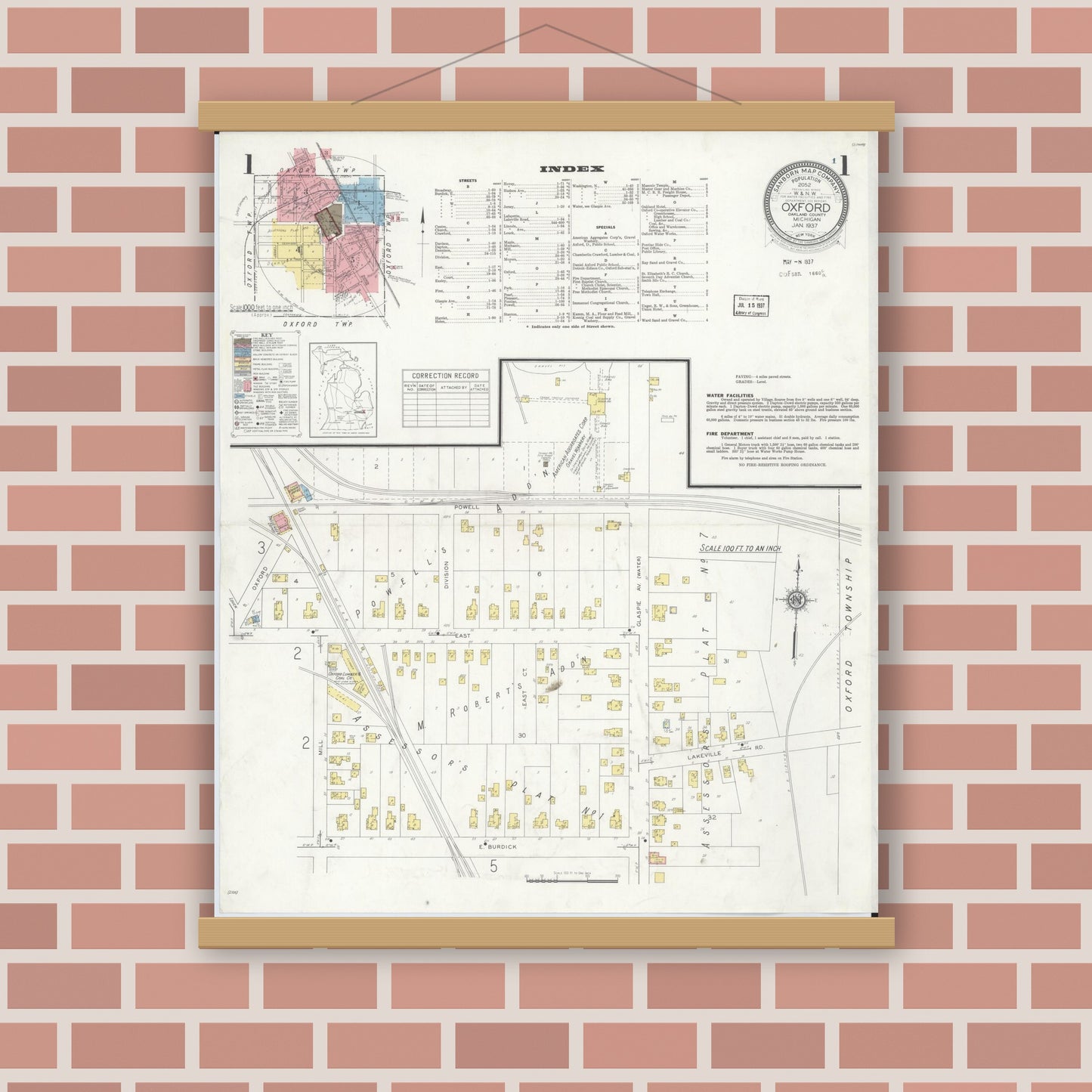 Old map wall art mockup — magnetic wood frame on brick wall — Sanborn Fire Insurance Map from Oxford, Oakland County, Michigan (1937) - Complete Map Set
