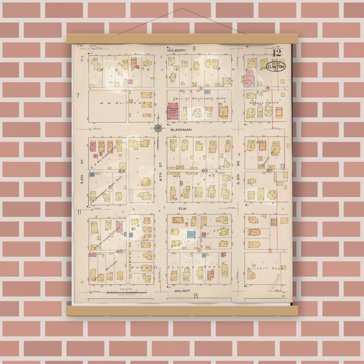 Old map wall art mockup — magnetic wood frame on brick wall — Sanborn Fire Insurance Map from Clinton, Vermillion County, Indiana (1947), Sheet #0012