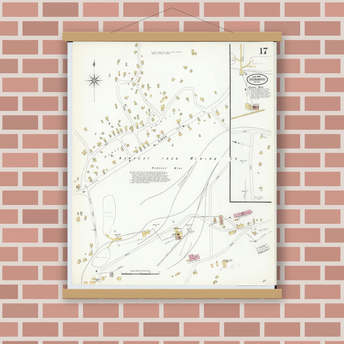 Old map wall art mockup — magnetic wood frame on brick wall — Sanborn Fire Insurance Map from Ironwood, Gogebic County, Michigan (1908), Sheet #0017