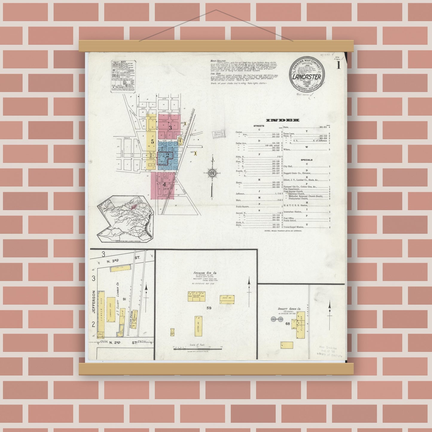 Old map wall art mockup — magnetic wood frame on brick wall — Sanborn Fire Insurance Map from Lancaster, Dallas County, Texas (1921), Sheet #0001