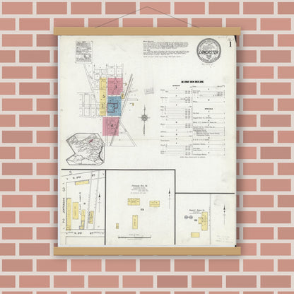 Old map wall art mockup — magnetic wood frame on brick wall — Sanborn Fire Insurance Map from Lancaster, Dallas County, Texas (1921), Sheet #0001
