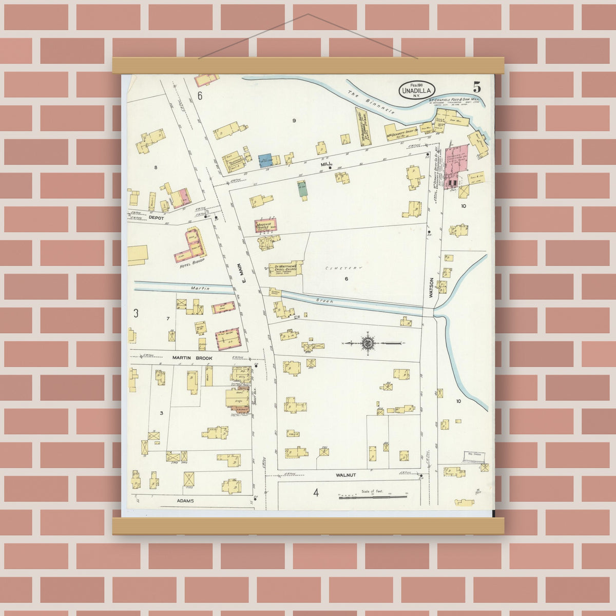 Old map wall art mockup — magnetic wood frame on brick wall — Sanborn Fire Insurance Map from Unadilla, Otsego County, New York (1910), Sheet #0005