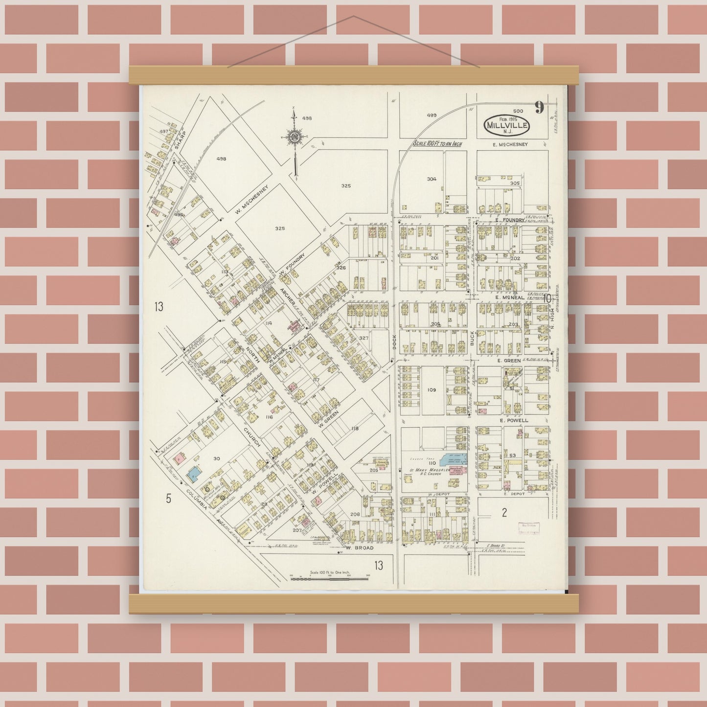 Old map wall art mockup — magnetic wood frame on brick wall — Sanborn Fire Insurance Map from Millville, Cumberland County, New Jersey (1915), Sheet #0009