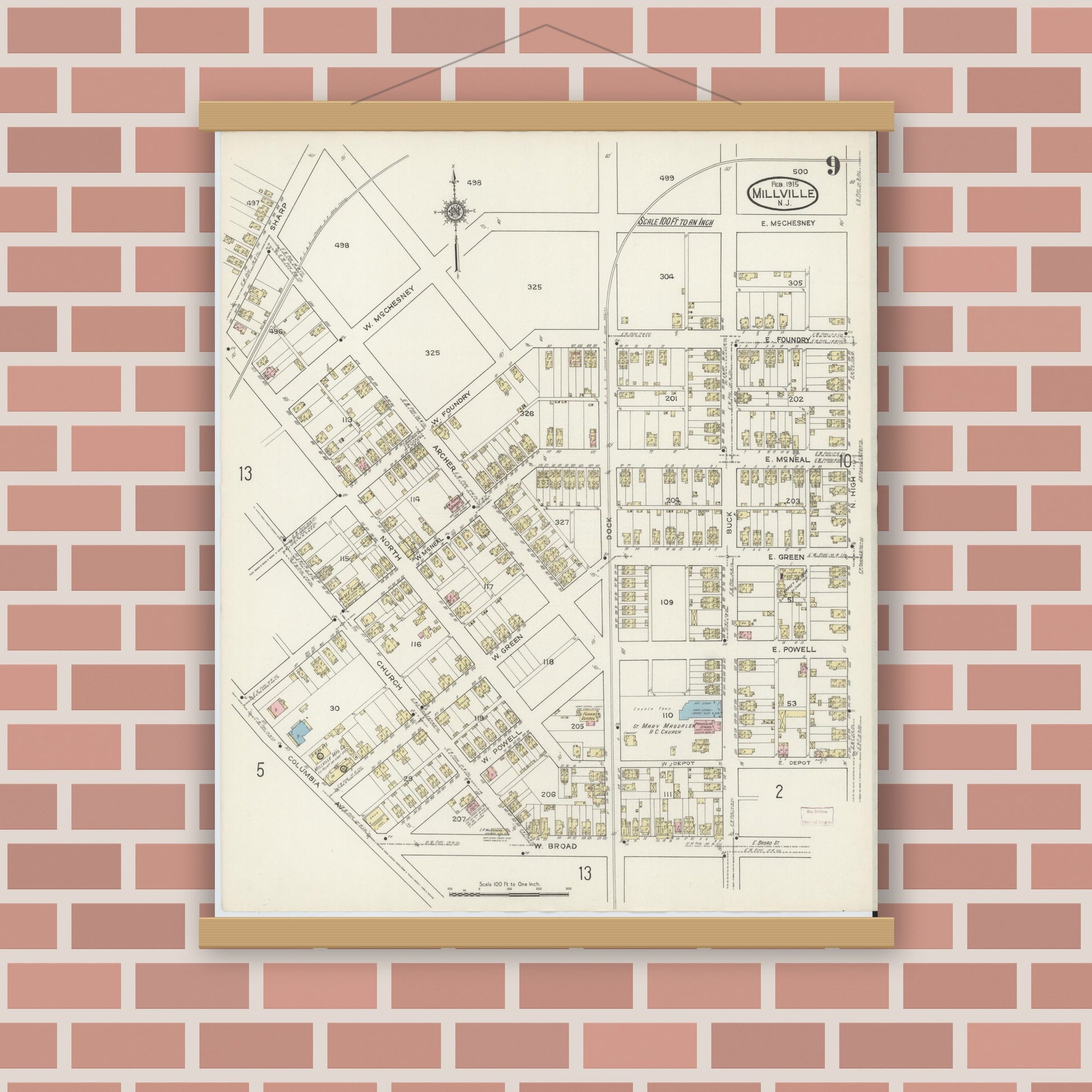 Old map wall art mockup — magnetic wood frame on brick wall — Sanborn Fire Insurance Map from Millville, Cumberland County, New Jersey (1915), Sheet #0009