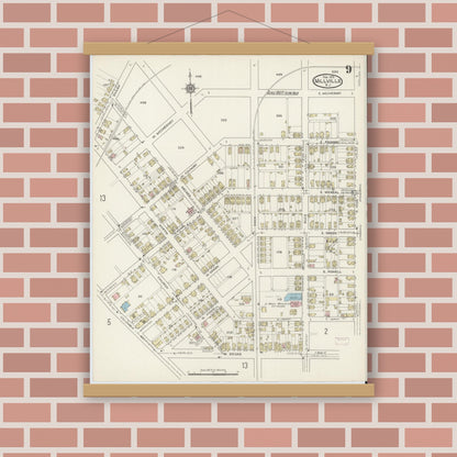 Old map wall art mockup — magnetic wood frame on brick wall — Sanborn Fire Insurance Map from Millville, Cumberland County, New Jersey (1915), Sheet #0009