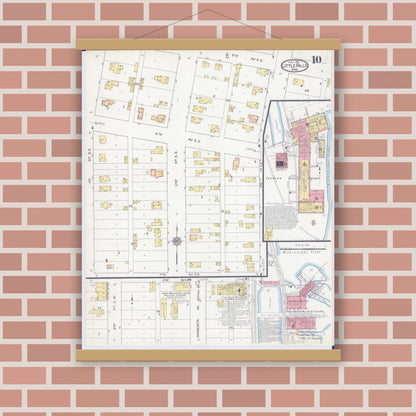 Old map wall art mockup — magnetic wood frame on brick wall — Sanborn Fire Insurance Map from Little Falls, Morrison County, Minnesota (1915), Sheet #0010