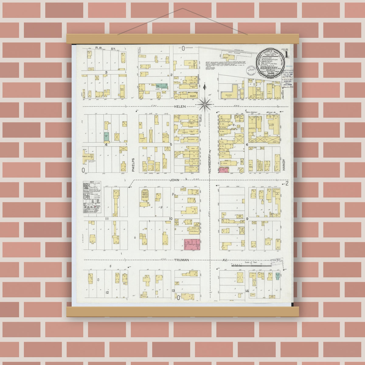 Old map wall art mockup — magnetic wood frame on brick wall — Sanborn Fire Insurance Map from Newberry, Luce County, Michigan (1900), Sheet #0001
