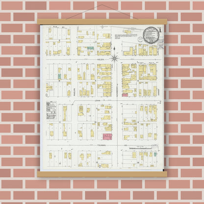 Old map wall art mockup — magnetic wood frame on brick wall — Sanborn Fire Insurance Map from Newberry, Luce County, Michigan (1900), Sheet #0001