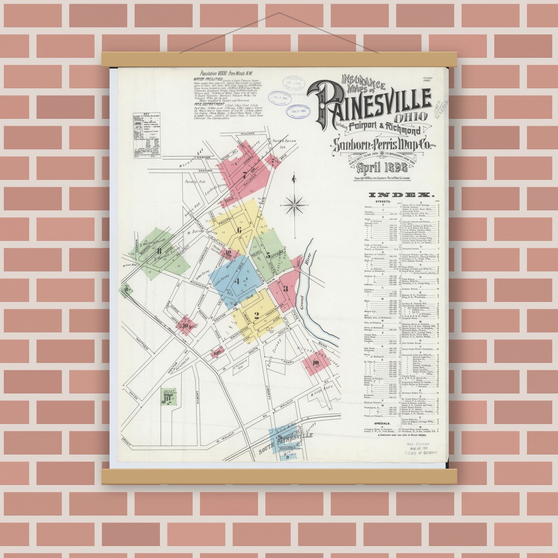 Old map wall art mockup — magnetic wood frame on brick wall — Sanborn Fire Insurance Map from Painesville, Lake County, Ohio (1898) - Complete Map Set