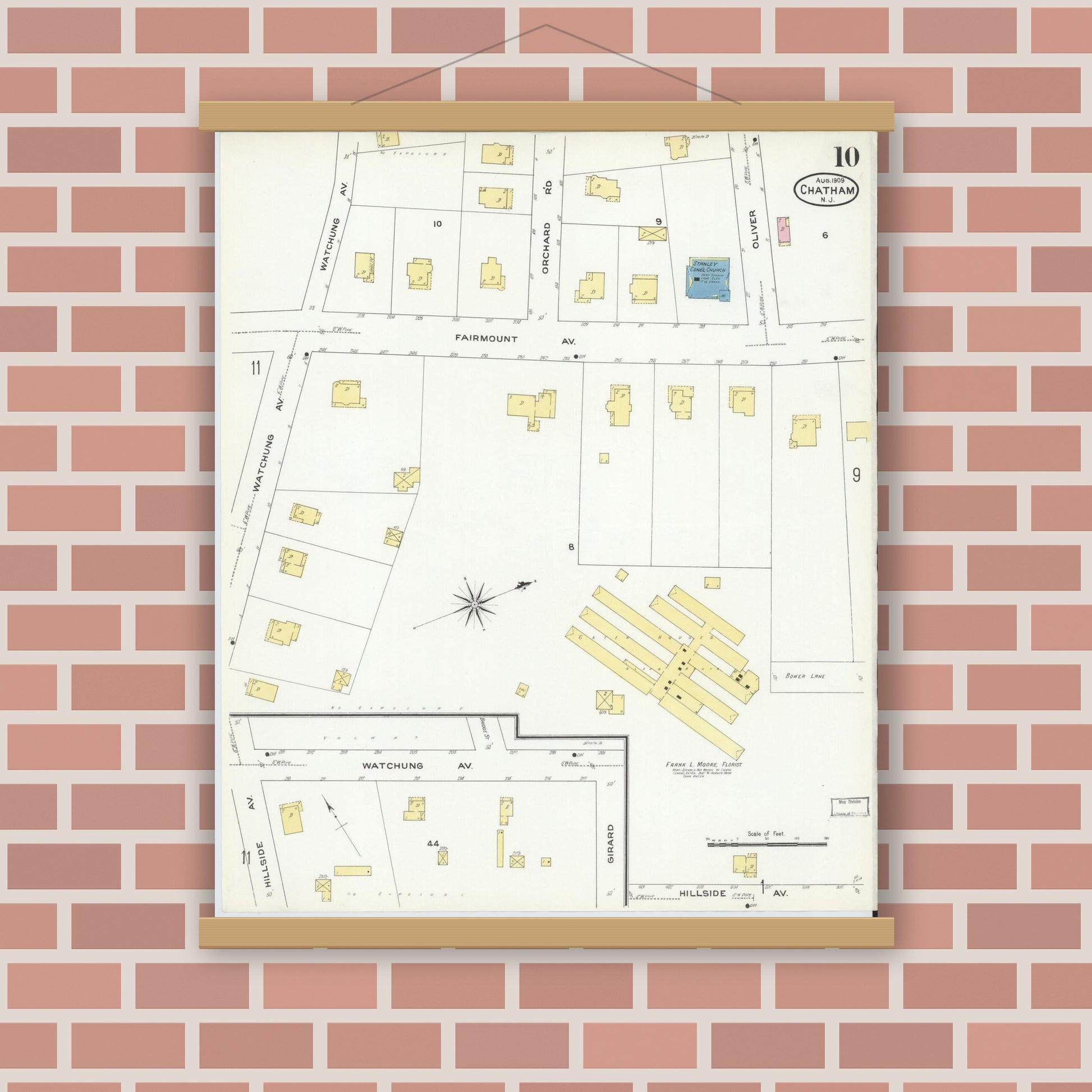 Old map wall art mockup — magnetic wood frame on brick wall — Sanborn Fire Insurance Map from Chatham, Morris County, New Jersey (1909), Sheet #0010