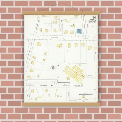 Old map wall art mockup — magnetic wood frame on brick wall — Sanborn Fire Insurance Map from Chatham, Morris County, New Jersey (1909), Sheet #0010