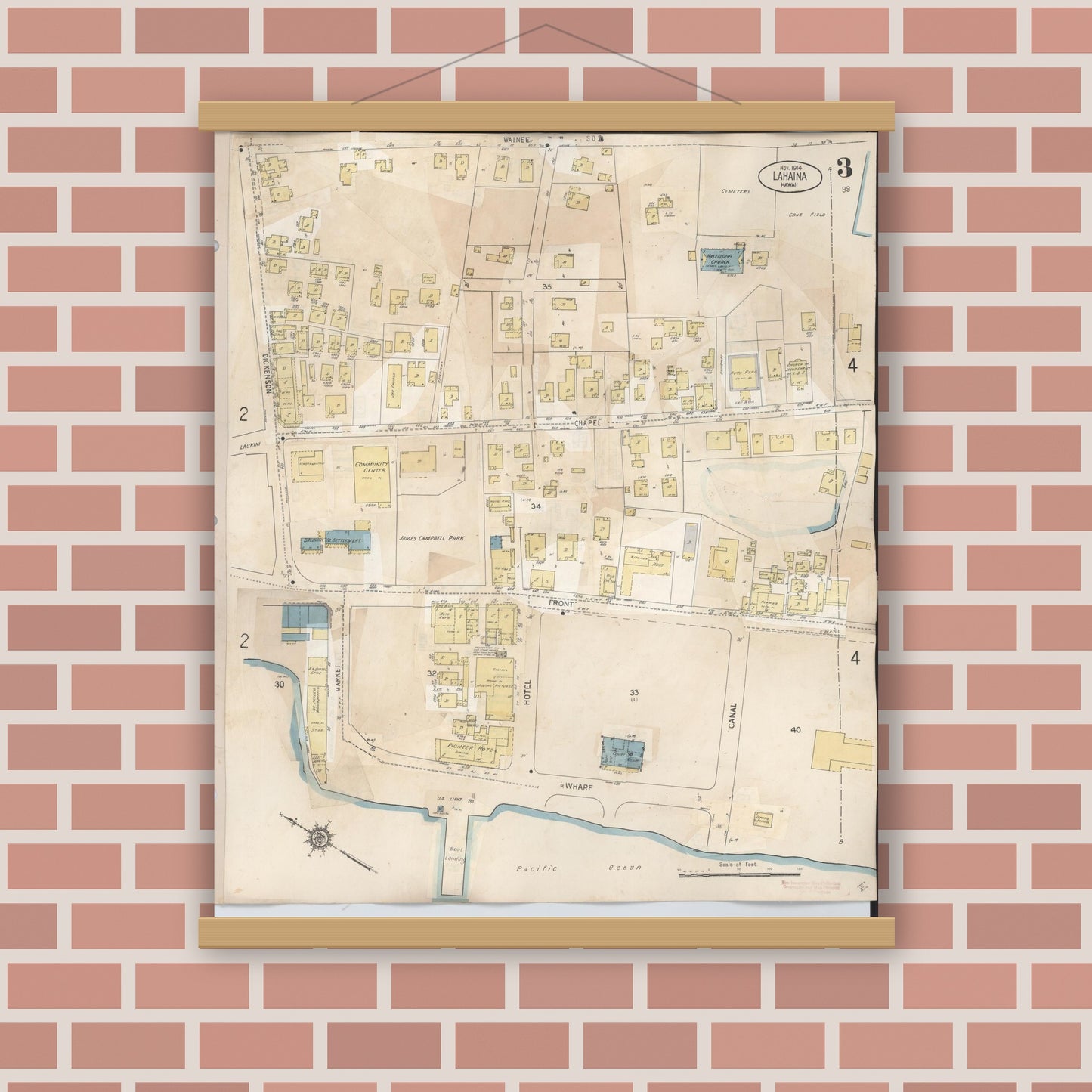 Old map wall art mockup — magnetic wood frame on brick wall — Sanborn Fire Insurance Map from Lahaina, Maui County, Hawaii (1950), Sheet #0003