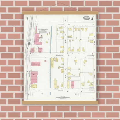 Old map wall art mockup — magnetic wood frame on brick wall — Sanborn Fire Insurance Map from Sanford, Lee County, North Carolina (1925), Sheet #0003