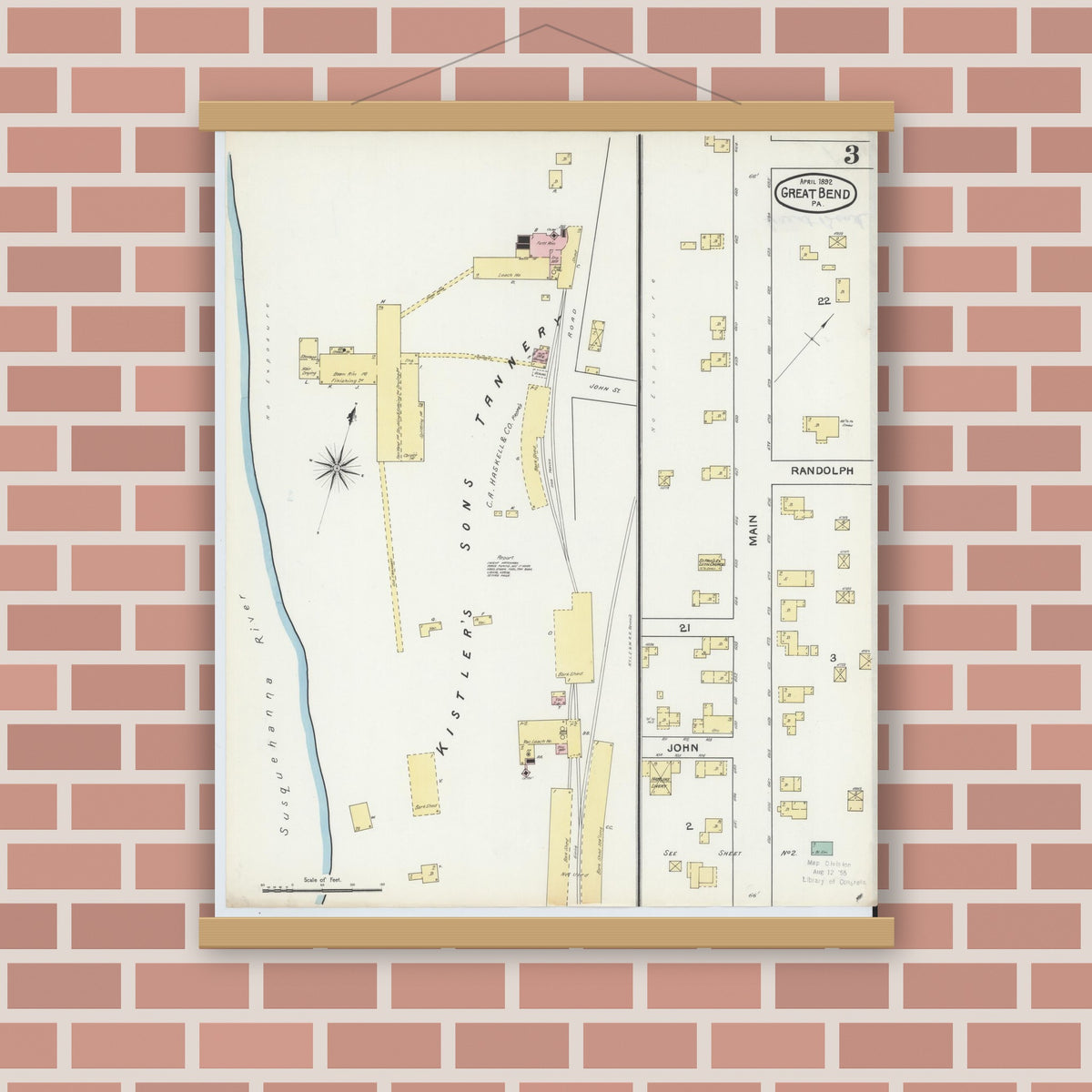 Old map wall art mockup — magnetic wood frame on brick wall — Sanborn Fire Insurance Map from Great Bend, Susquehanna County, Pennsylvania (1892), Sheet #0003