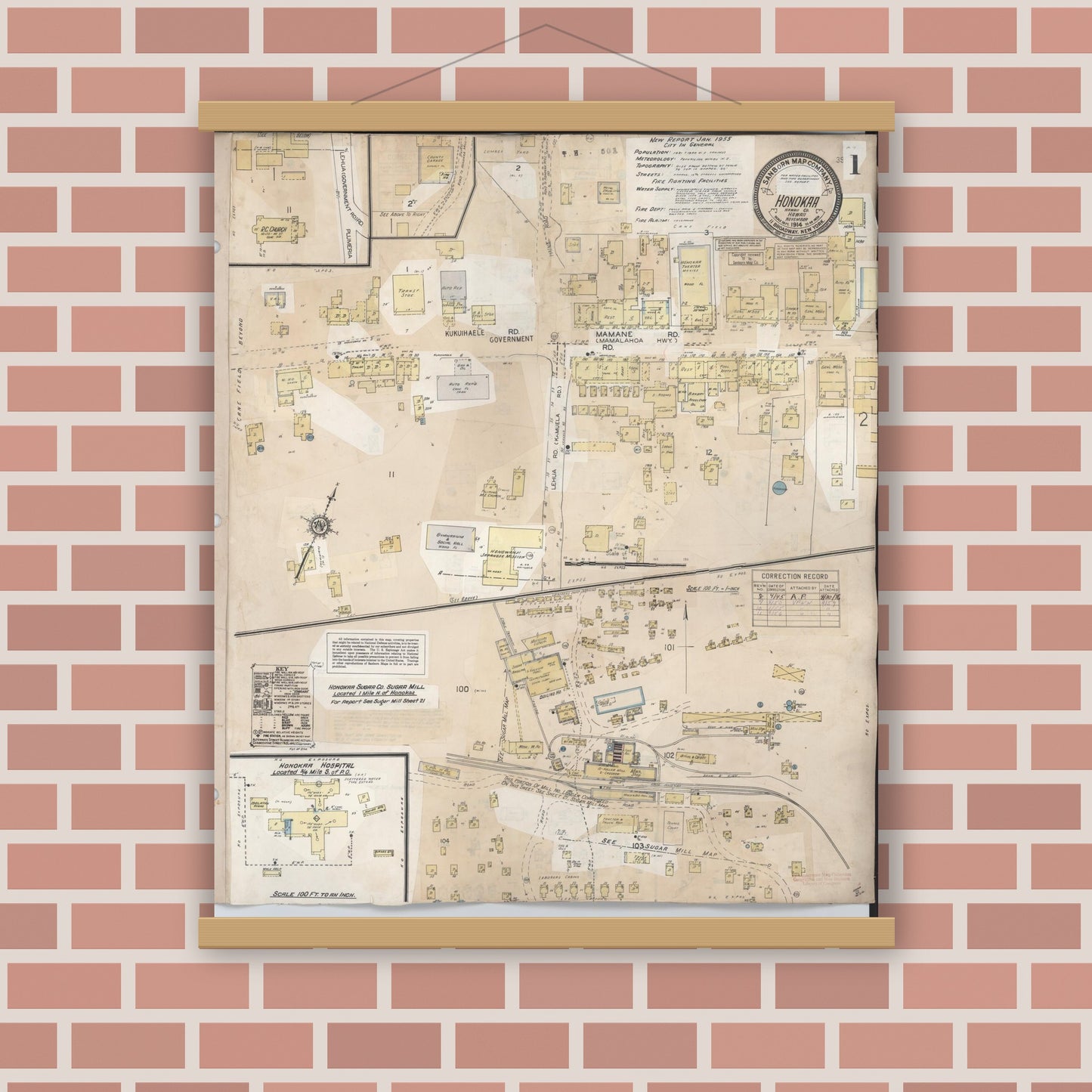 Old map wall art mockup — magnetic wood frame on brick wall — Sanborn Fire Insurance Map from Honokaa, Hawaii County, Hawaii (1956) — Complete Set