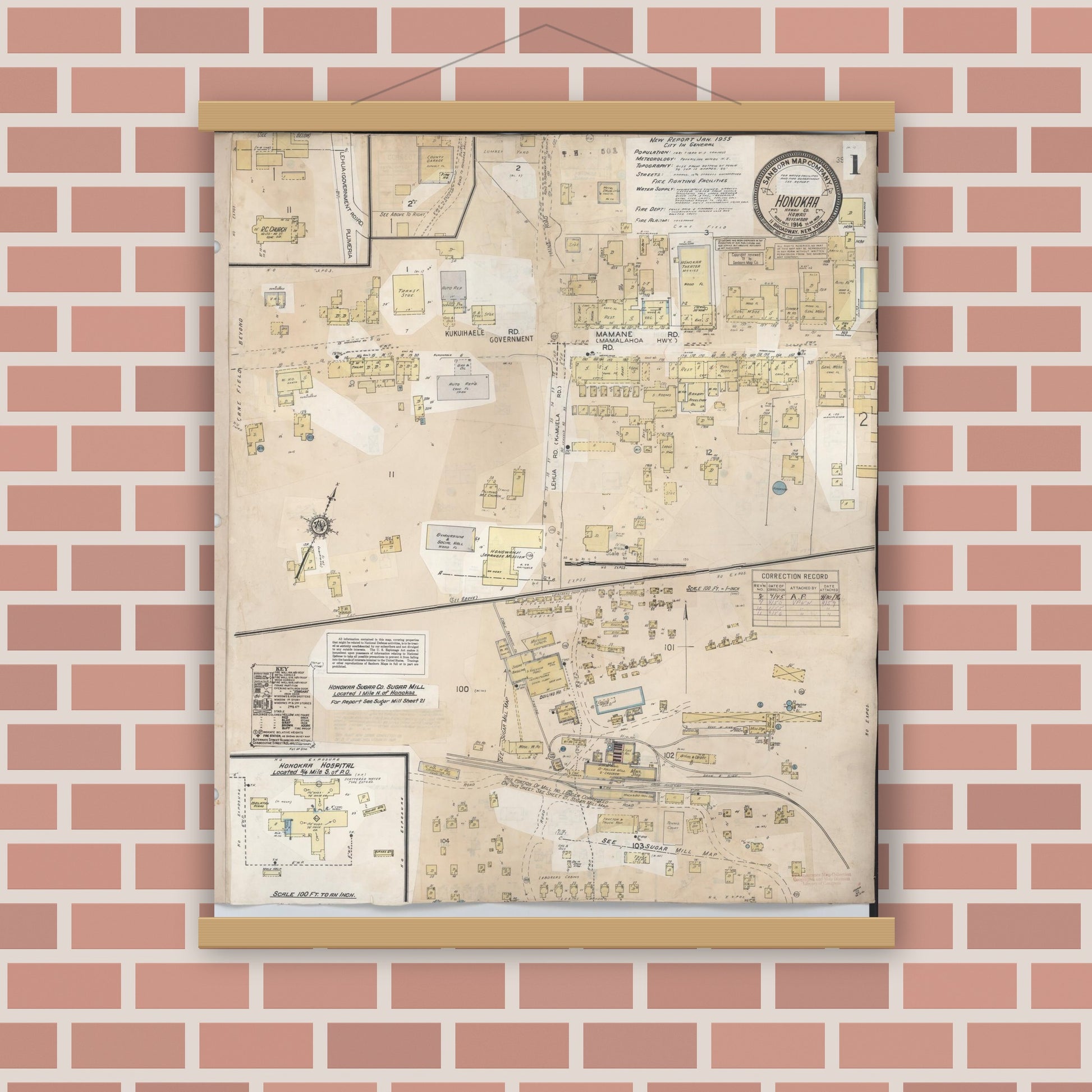 Old map wall art mockup — magnetic wood frame on brick wall — Sanborn Fire Insurance Map from Honokaa, Hawaii County, Hawaii (1956) — Complete Set